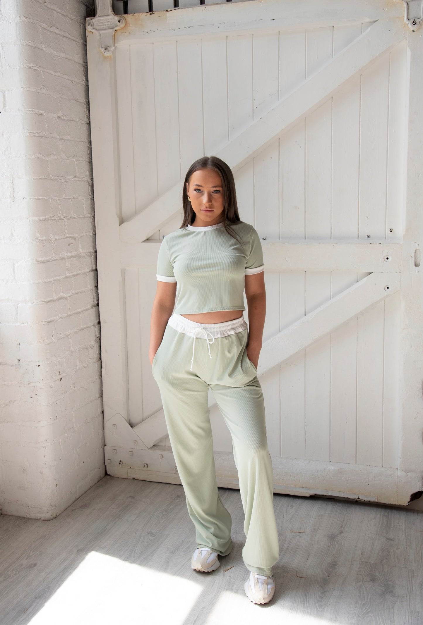 Contrast Trim Ribbed Crop Top & Trousers Co-ord